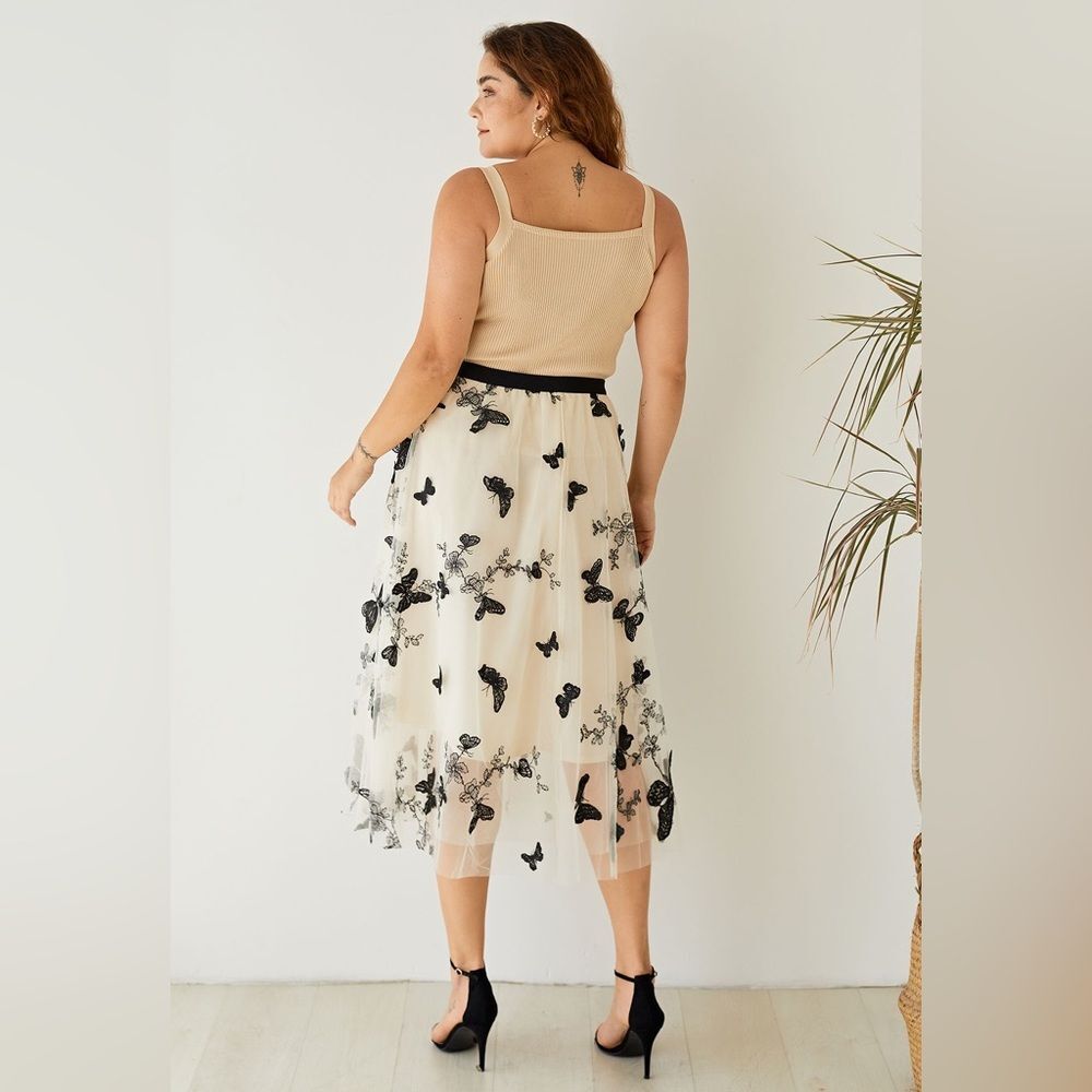 CHICWISH Butterfly Embroidered Tulle Flared Mesh Double-Layered Midi Skirt 3XL